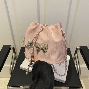 Women Fashion PU Leather Butterfly Bucket Bag Elegant Chain Strap Shoulder Crossbody Bag For Daily Casual Street Style