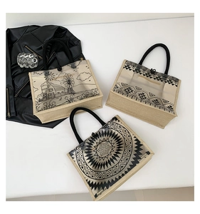 Three semi-transparent PVC and linen tote bags with artistic floral and geometric prints