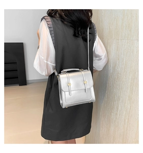 Chic silver rectangular box bag featuring gold round buckles and metallic finish