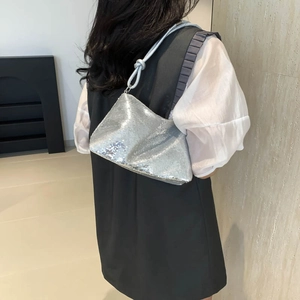 Chic silver sequin hobo bag for women with round shoulder strap for evening party