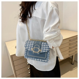 Detail of blue and white tweed crossbody bag with golden chain strap and oval buckle