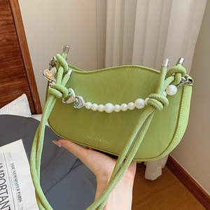 French Style Heart Artificial Pearl Chain Underarm Bag For Women Solid Color PU Leather Shoulder Crossbody Square Bag Fashion Handbag