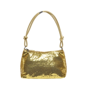 Fashionable gold sequin hobo bag with top handle and knotted detail for party looks