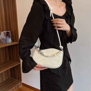 Cream white crescent moon shoulder bag with pearl heart chain and knotted rope strap