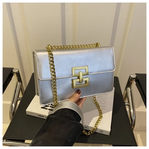 Close-up of silver patent leather bag with crinkled texture and gold chain link strap