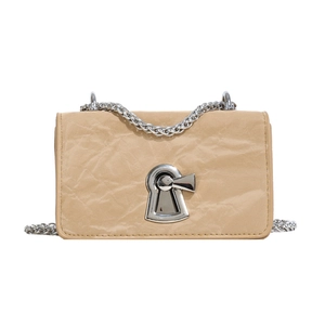 Chic khaki crossbody bag with pleated texture and silver metallic keyhole lock