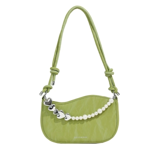 Avocado green heart pearl chain shoulder bag with stylish wavy wave-shaped opening design