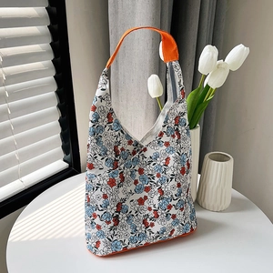 Sac à Épaule en PU Imprimé Floral Japonais pour Femmes Grande Capacité Sac Fourre-Tout Avec Bandoulière Orange Sac à Main