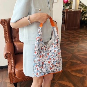 Grand sac fourre-tout en toile à motif floral vintage avec poignées orange vif
