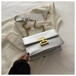 Detail of silver metallic crossbody bag featuring a geometric gold buckle and chain strap