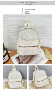Detailansicht des cremeweißen Pailletten-Rucksacks mit 3D-Blumen und Regenbogen-Glitzer