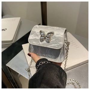 Detailed view of a mini silver crossbody bag featuring a 3D metal butterfly and chain