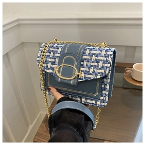 Women Plaid Tweed Shoulder Bag Vintage PU Leather Patchwork Square Crossbody Bag Metal Chain Strap Lock Flap Handbag Daily Bag