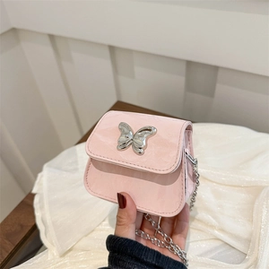 Aesthetic Butterfly Metal Buckle Mini Chain Crossbody Bag For Women 2024 Summer Stylish Small Square Crinkled PU Leather Shoulder Bag
