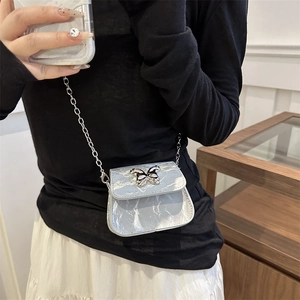 Silver mini crossbody bag with metallic butterfly buckle and chain strap on model