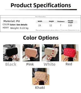 Detailed size specifications and color options for the heart quilted crossbody bag