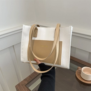 Women Fashion Colorblock Tote Bag Minimalist PU Leather Quilted Shoulder Bag Large Capacity Underarm Bag With Pendant