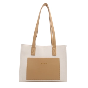 Two-tone cream and brown tote bag with quilted texture and exterior fashion pocket