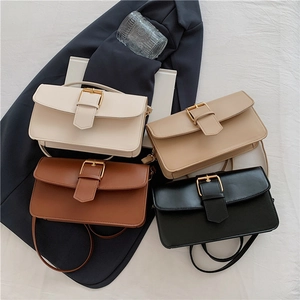 Minimalist square crossbody bags in cream, beige, brown and black with gold buckles