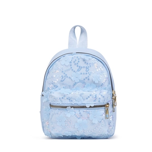 Hellblauer Mini-Rucksack mit 3D-Blumendekor und glitzernden Pailletten für Reisen