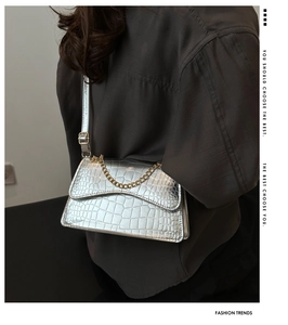 Detail of silver crocodile pattern bag with golden chain strap and metallic finish