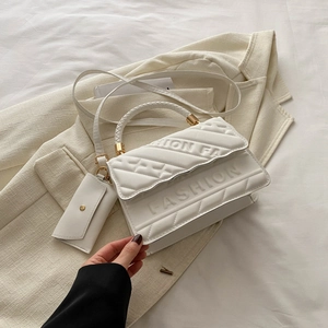 Fashion Women PU Leather Shoulder Bag Letter Embossed Quilted Handbag With Pendant Small Square Crossbody Bag Woven Handle