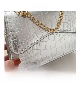 Detail of silver crocodile-embossed leather texture with metallic gloss and gold chain strap