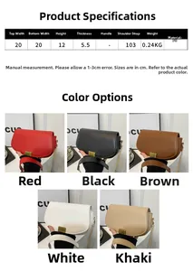 Detailed size chart and five color variants of the PU leather chain saddle bag