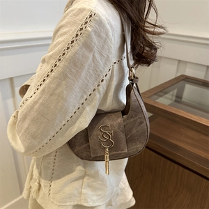 Brown denim crescent bag with gold S-logo and fringe, vintage French style shoulder bag