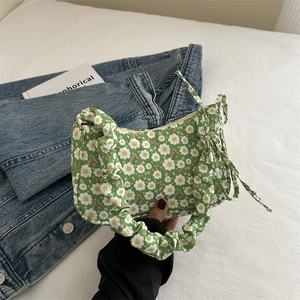 Pastoral Floral Print Underarm Bag Women Fresh Daisy Pattern Shoulder Bag With Scrunchie Handle And Bow Fabric Purse