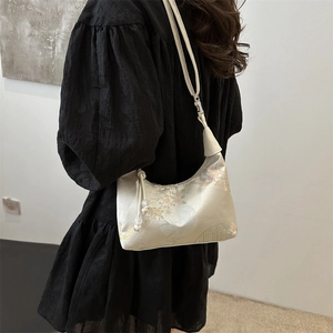 Elegante cremeweiße Jacquard-Schultertasche mit Blumenmuster und Perlen-Reißverschluss