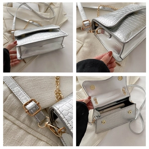Detail of silver crocodile pattern crossbody bag with gold chain and magnetic closure