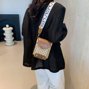 Retro plaid crossbody bag with wide jacquard strap and fashion lettering detail