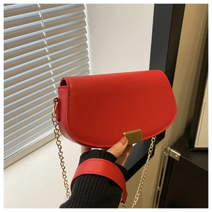 Detail of red saddle bag with gold buckle and metal chain strap in a hand-held view