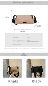 Detailed size chart and color options for the lightweight nylon crossbody pillow bag