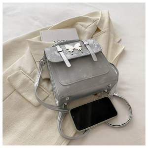 Detailed macro view of silver metallic crossbody bag with elegant butterfly ornament