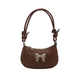 Classic dark brown semi-circle shoulder bag with silver butterfly and knotted strap design