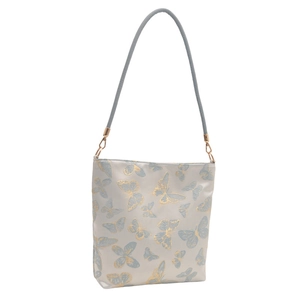 Sac à bandoulière blanc cassé élégant avec motif papillon doré et bleu et bandoulière ronde