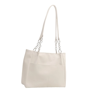 Elegante borsa a spalla beige in ecopelle con catena argentata e texture martellata