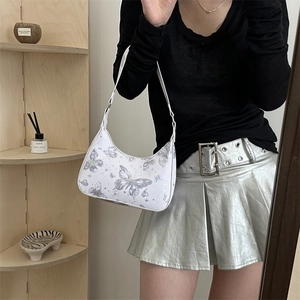 Y2K style white underarm bag with purple butterfly print and star details for women