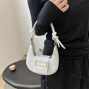 Elegant white crocodile pattern hobo bag with gold metal buckle and knotted shoulder strap