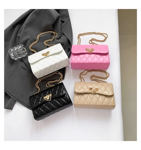 Flat lay of rhombic patterned crossbody bags in white, pink, black, and khaki colors