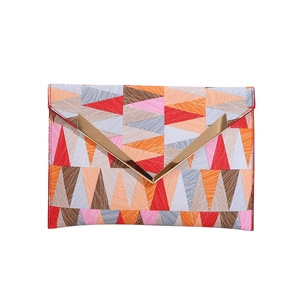 Fashionable color-block envelope clutch bag with geometric patterns and V-shaped gold trim