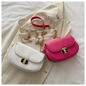 Detail of saddle bags in white and pink with gold disc locks and chain straps