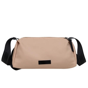 Minimalist beige nylon crossbody bag with black zipper and stylish logo strap for women