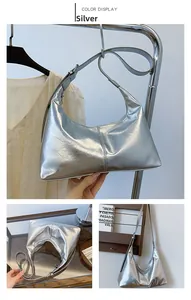 Three-angle views of metallic silver pleated moon bag with adjustable shoulder strap