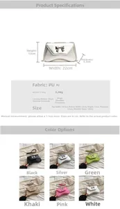 Detailed size chart and multi-color specifications for the silver bow shoulder bag