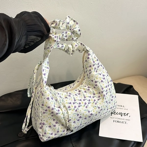 Women Floral Print Shoulder Bag With Ruffle Handle Strap Stylish Hobo Bag Casual Small Tote PU Crossbody Handbag For Daily