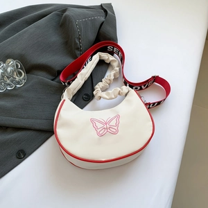 Sac à Épaule Demi-Lune Broderie Papillon Femme en Cuir PU Poignée à Fronces Bandoulière Large à Lettres Sac Hobo