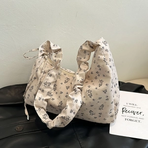 Floral print shoulder bag with ruched strap in beige for women's casual fashion